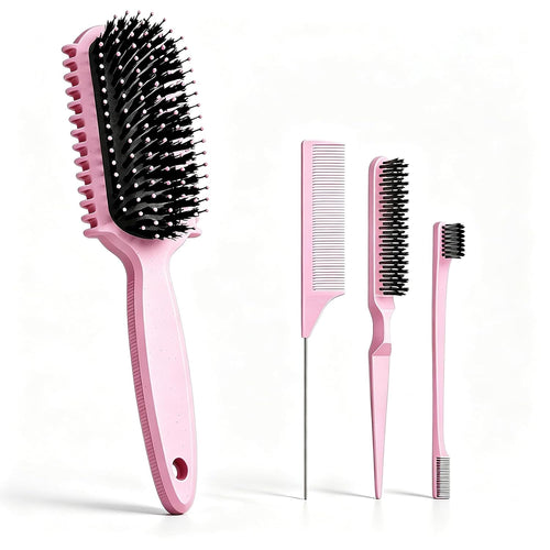Ultimate Curl Defining Brush Set - Perfect for Shaping Curls, Smoothing Edges, and Styling All Hair Types - Includes 4 Essential Combs in Stylish Pink